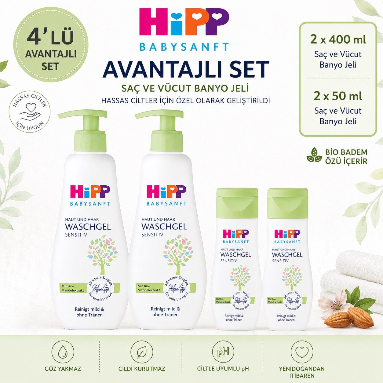 HiPP Babysanft Saç ve Vücut Banyo Jeli 2x400 ml + 2x50 ml Yenidoğan Avantajlı 4'lü Set