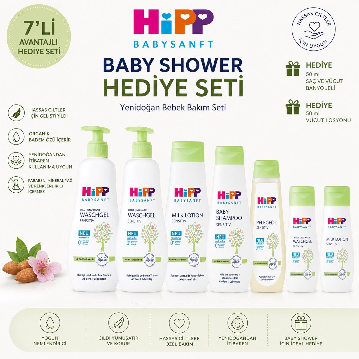 HiPP Babysanft Baby Shower Yenidoğan Bebek Bakım Hediye Seti 7'li Organik Badem Özlü