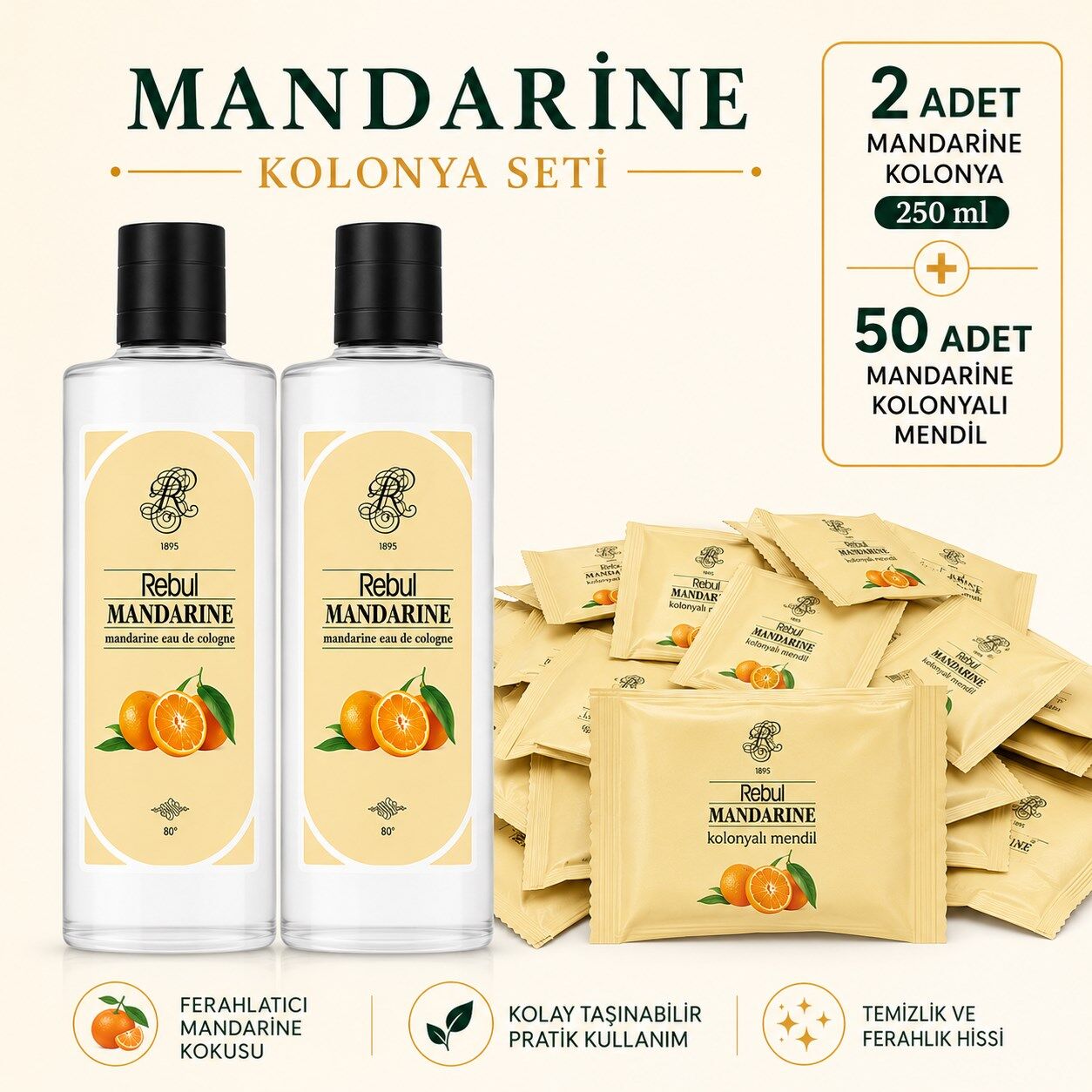 Rebul Mandarine 250 ml Cam Şişe Kolonya 2'li + 50 Adet Tekli Paket Kolonyalı Mendil Avantaj Seti