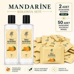Rebul Mandarine 250 ml Cam Şişe Kolonya 2'li + 50 Adet Tekli Paket Kolonyalı Mendil Avantaj Seti