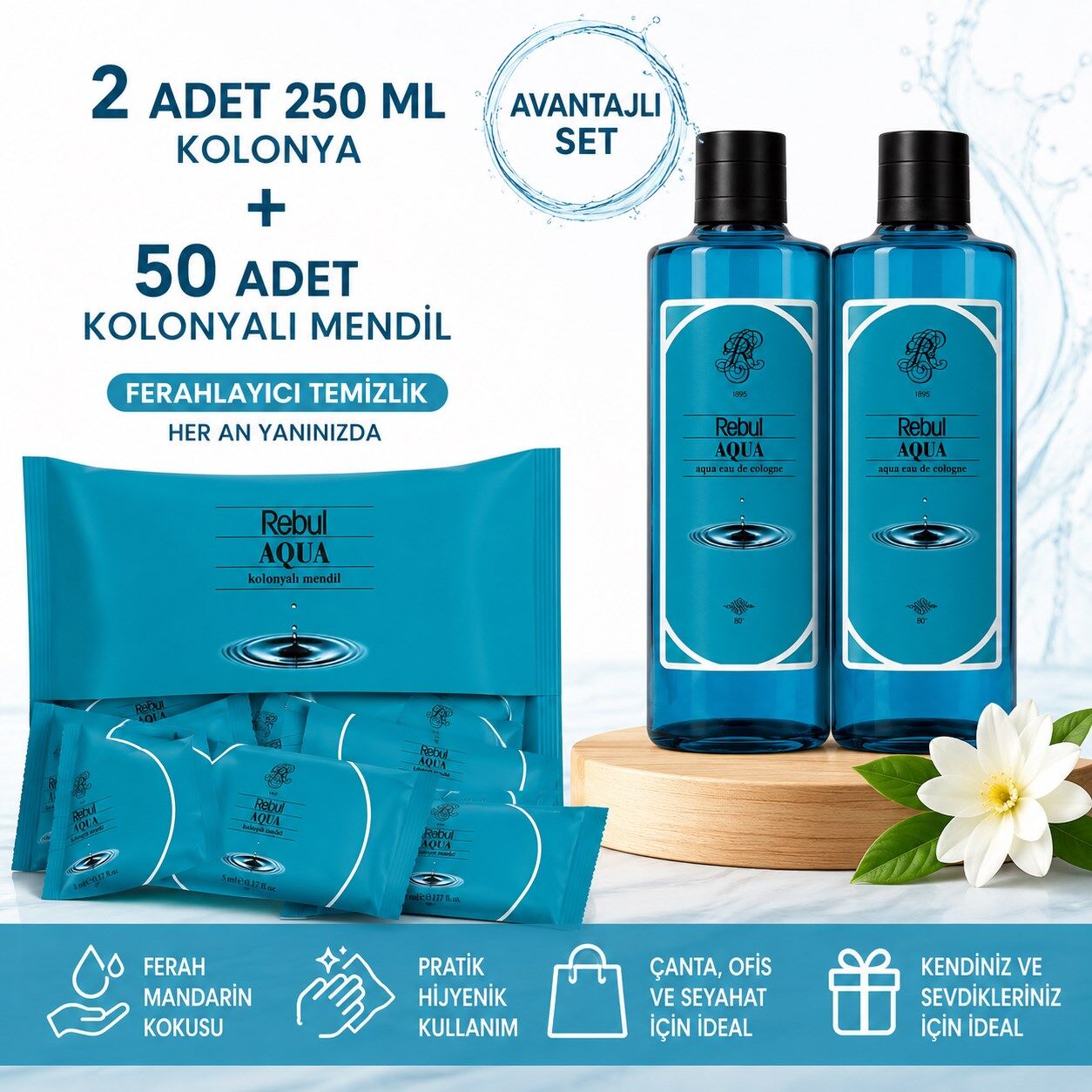 Rebul Aqua 2x250 ml Cam Şişe Kolonya + 50 Adet Kolonyalı Mendil Avantajlı Hijyen Seti