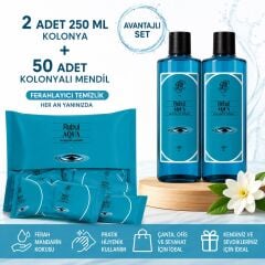 Rebul Aqua 2x250 ml Cam Şişe Kolonya + 50 Adet Kolonyalı Mendil Avantajlı Hijyen Seti
