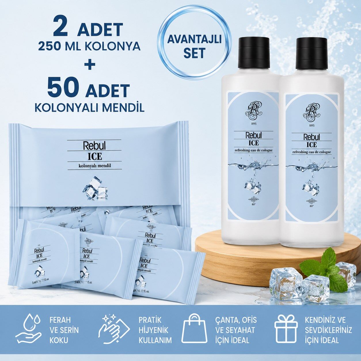 Rebul Ice 2x250 ml Cam Şişe Ice Kolonya + 50 Adet Kolonyalı Mendil Avantajlı Hijyen Seti