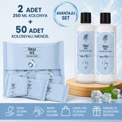 Rebul Ice 2x250 ml Cam Şişe Ice Kolonya + 50 Adet Kolonyalı Mendil Avantajlı Hijyen Seti