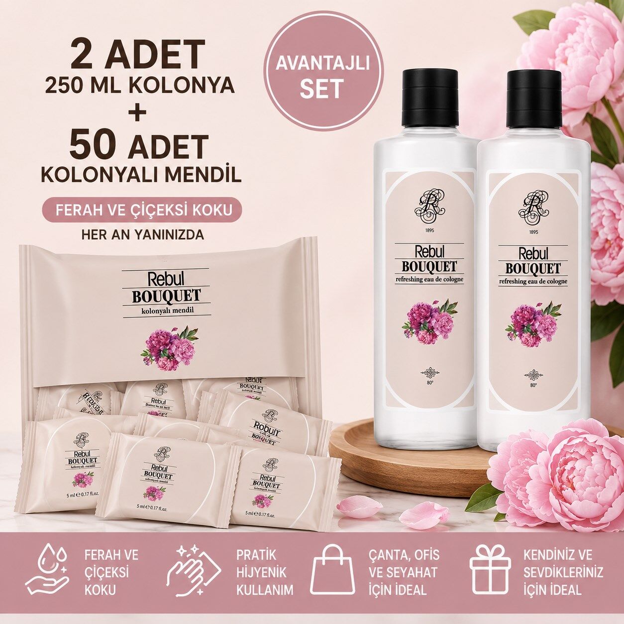 Rebul Bouquet 2x250 ml Cam Şişeli Kolonya + 50 Adet Bouquet Kolonyalı Mendil Avantajlı Set