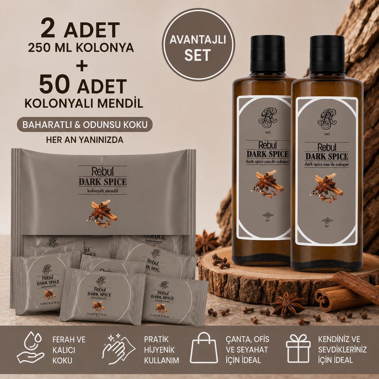 Rebul Dark Spice 2x250 ml Cam Şişeli Kolonya + 50 Adet Dark Spice Kolonyalı Mendil Seti