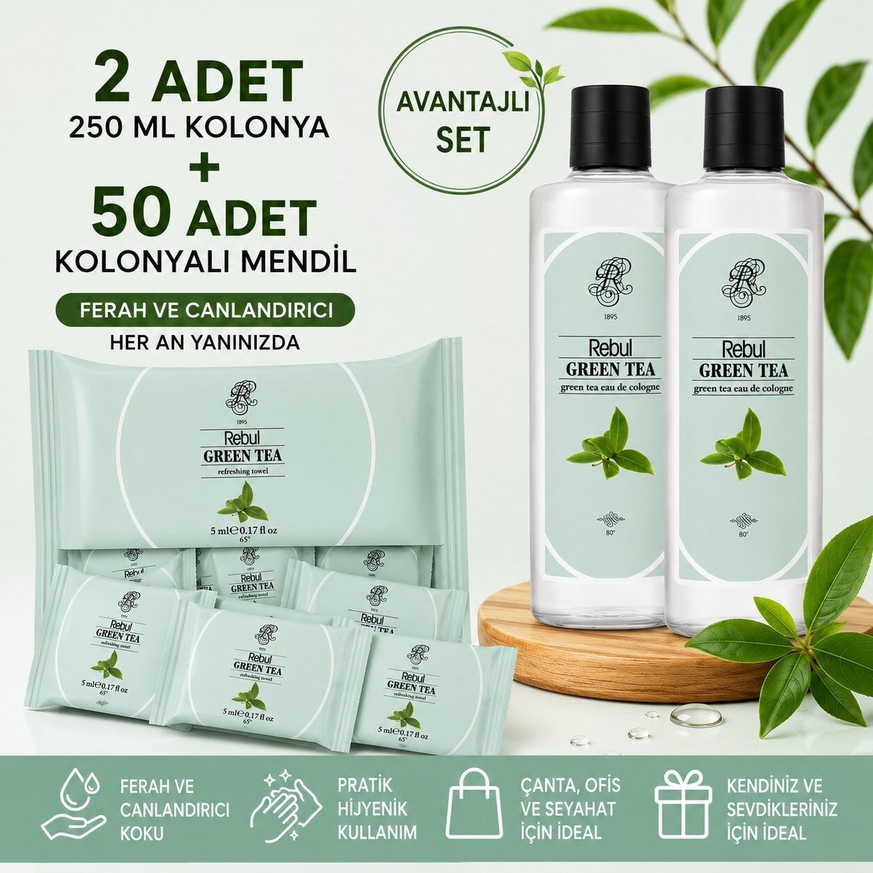 Rebul Green Tea 2x250 ml Cam Şişeli Kolonya + 50 Adet Green Tea Kolonyalı Mendil Seti