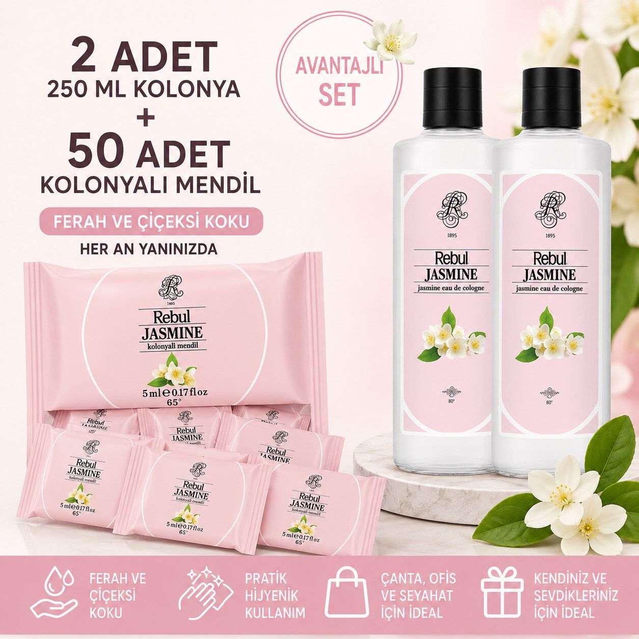 Rebul Jasmine 2x250 ml Cam Şişeli Kolonya + 50 Adet Jasmine Kolonyalı Mendil Avantajlı Set