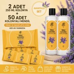 Rebul Lavanda 2x250 ml Cam Şişeli Kolonya + 50 Adet Lavanda Kolonyalı Mendil Avantajlı Set