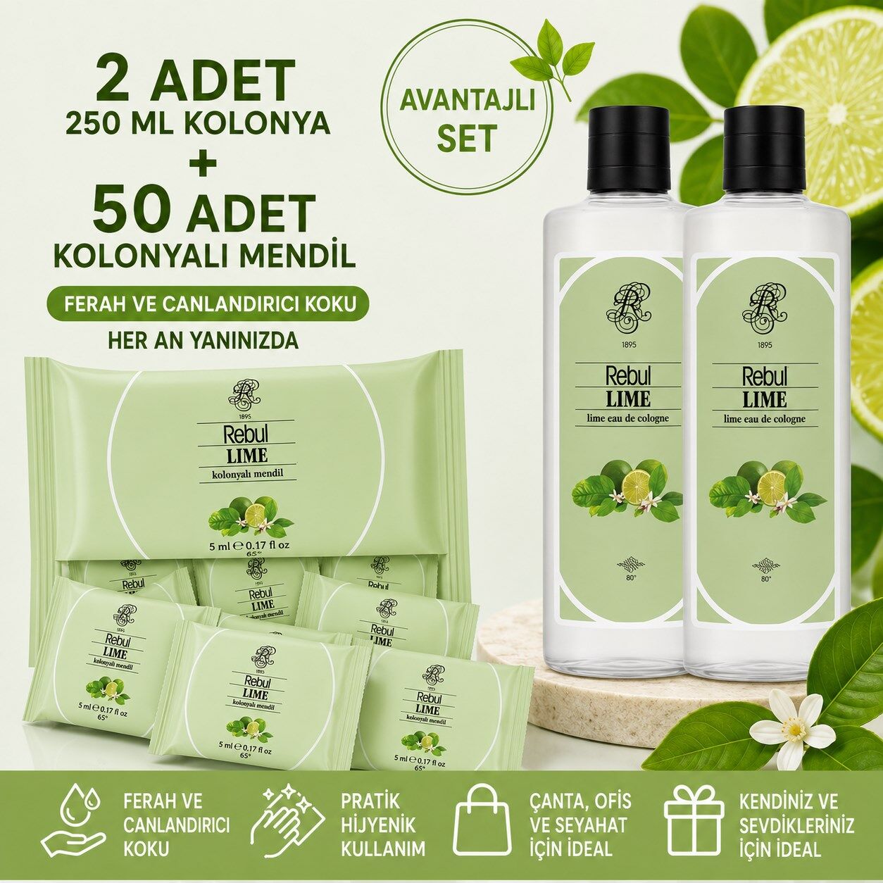 Rebul Lime 2x250 ml Cam Şişeli Kolonya + 50 Adet Lime Kolonyalı Mendil Avantajlı Set