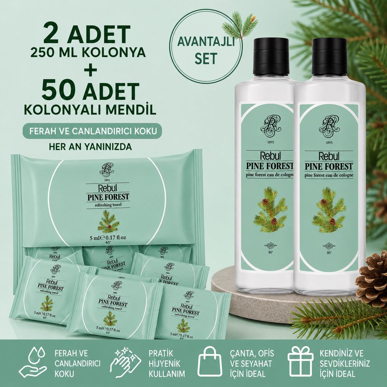 Rebul Pine Forest 2x250 ml Cam Şişeli Kolonya + 50 Adet Pine Forest Kolonyalı Mendil Seti