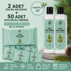Rebul Pine Forest 2x250 ml Cam Şişeli Kolonya + 50 Adet Pine Forest Kolonyalı Mendil Seti