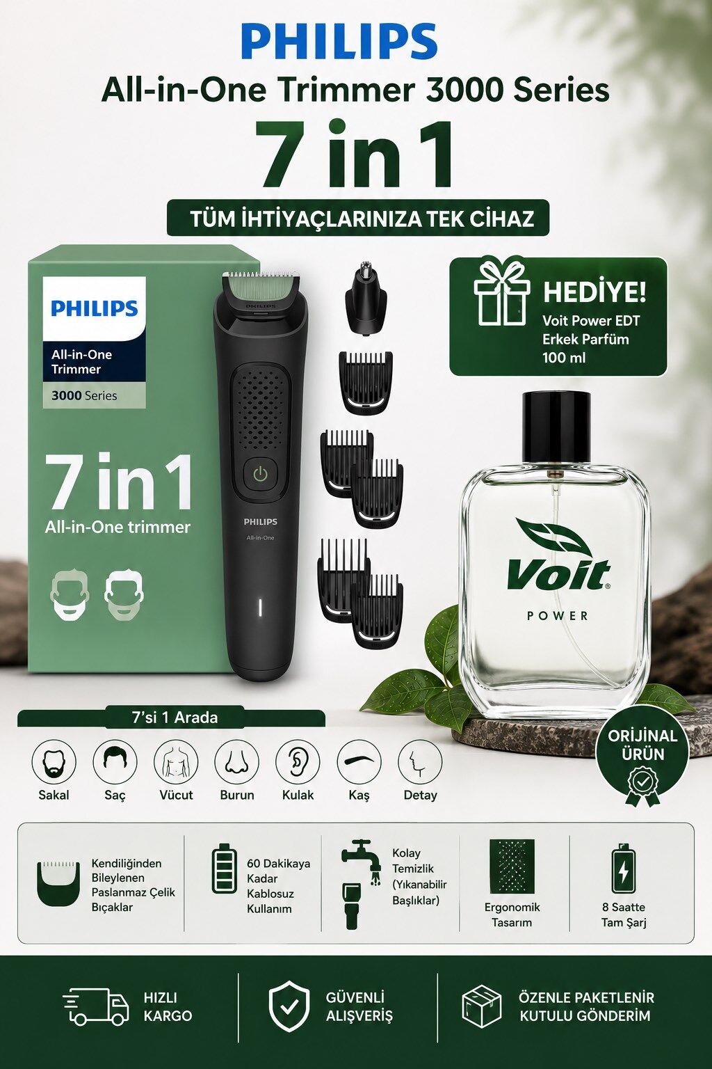 Philips 7in1 3000 MG3920/15 Serisi Bakım Set Saç Sakal Tıraş Makinesi + 100 ml Erkek Parfüm Hediyeli