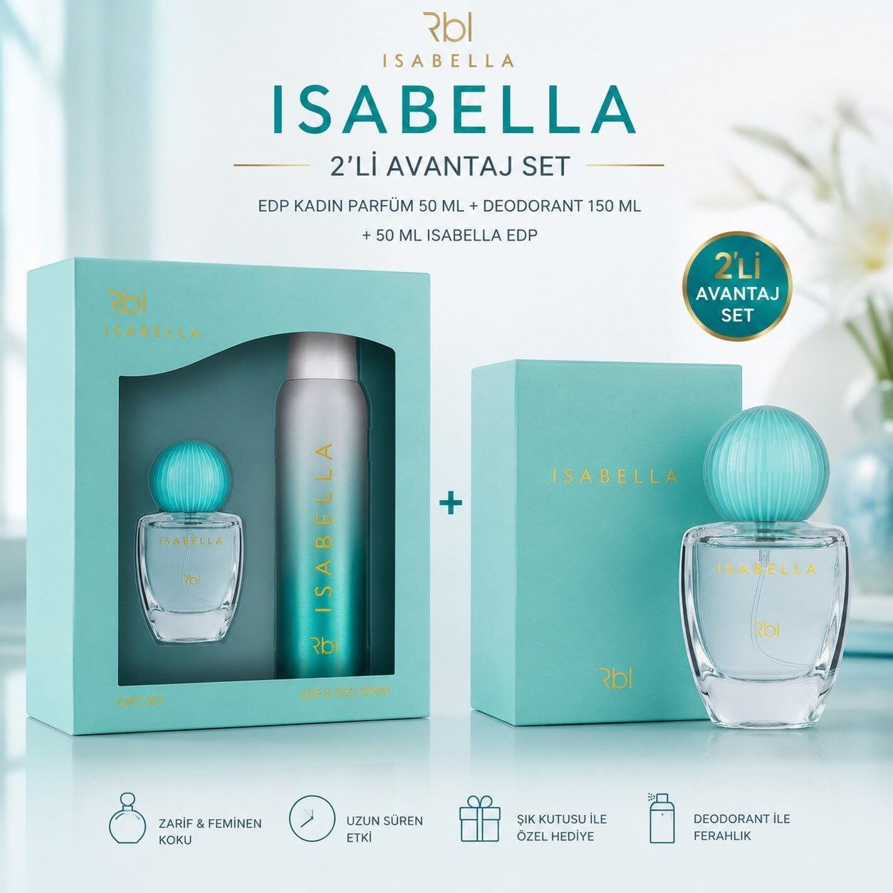 Rebul Isabella Kadın Parfümü 2x50 ml EDP + 150 ml Deodorant Seti