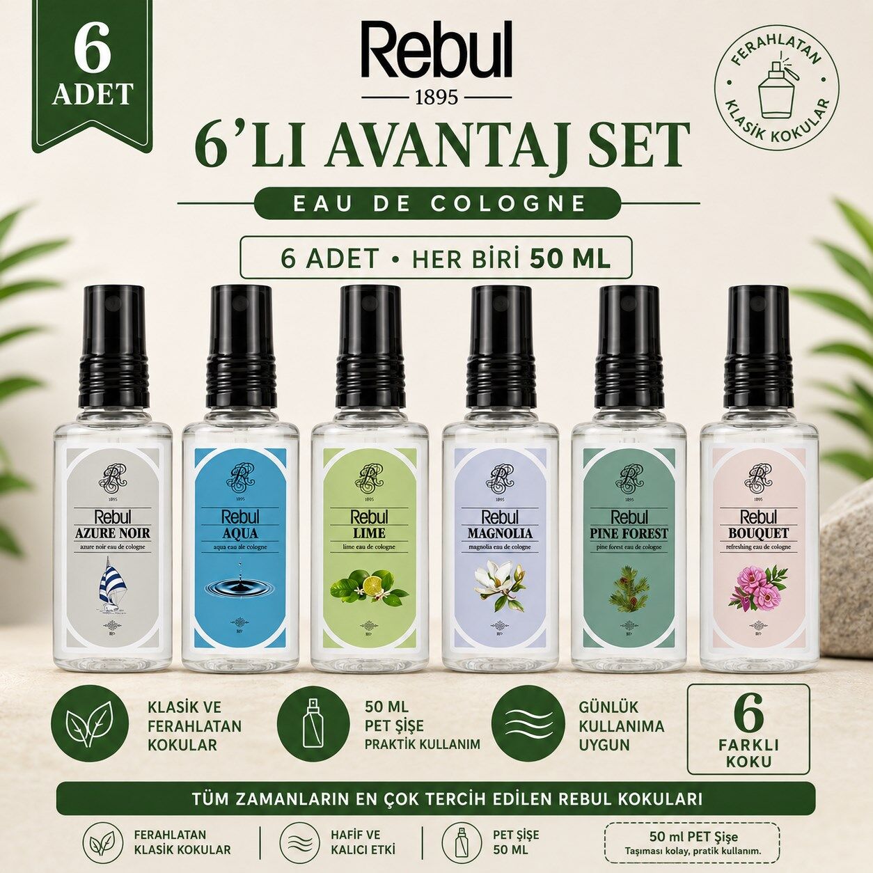 Rebul 6'lı Avantaj Kolonya Seti 50 ml Pet Şişe Aqua Lime Magnolia Bouquet Pine Forest Azure Noir