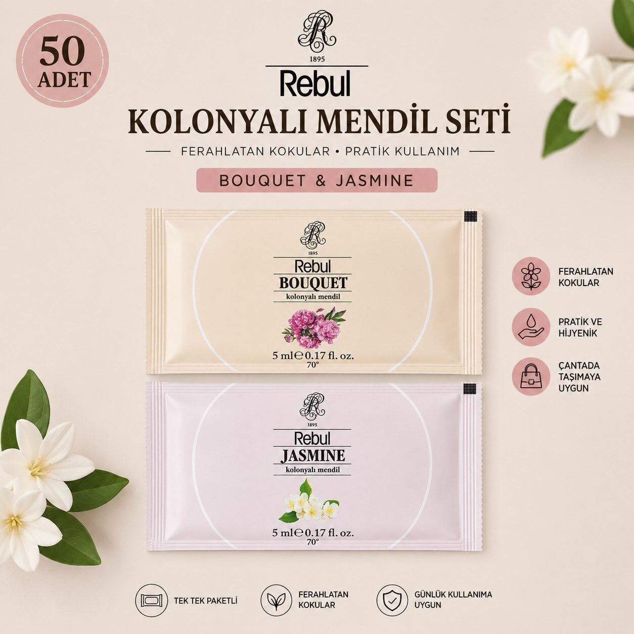 Rebul 50 Adet Kolonyalı Mendil Seti 25 Bouquet 25 Jasmine Tek Tek Paketli 5 ml
