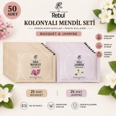 Rebul 50 Adet Kolonyalı Mendil Seti 25 Bouquet 25 Jasmine Tek Tek Paketli 5 ml