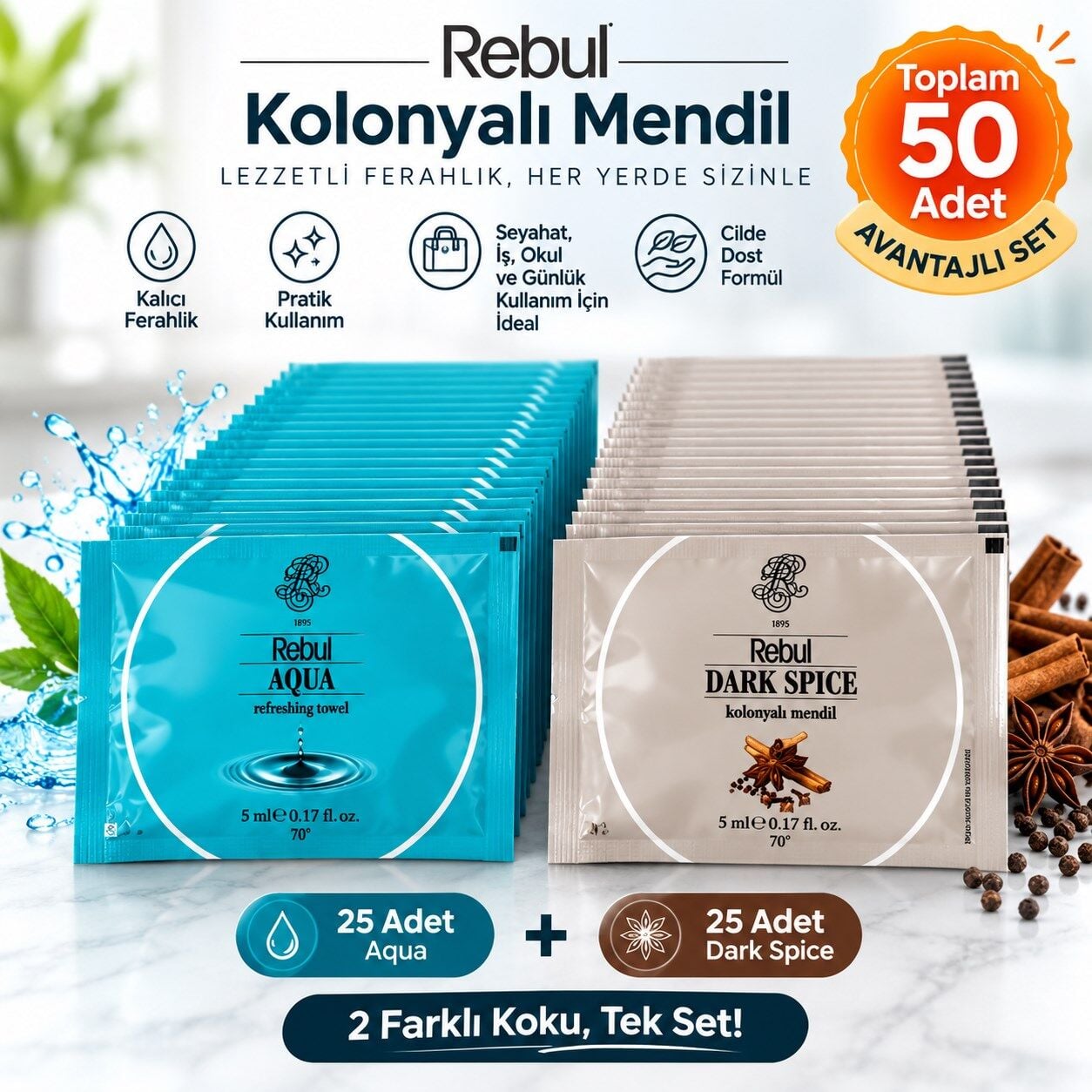 Rebul 50 Adet Kolonyalı Mendil Seti 25 Aqua 25 Dark Spice Tek Tek Paketli 5 ml