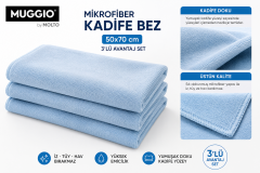 Muggio  50x70 Mikrofiber Kadife Bez 3'lü Set | Oto Kurulama Bezi, Oto Yıkama Bezi, Yüksek Emicilik,