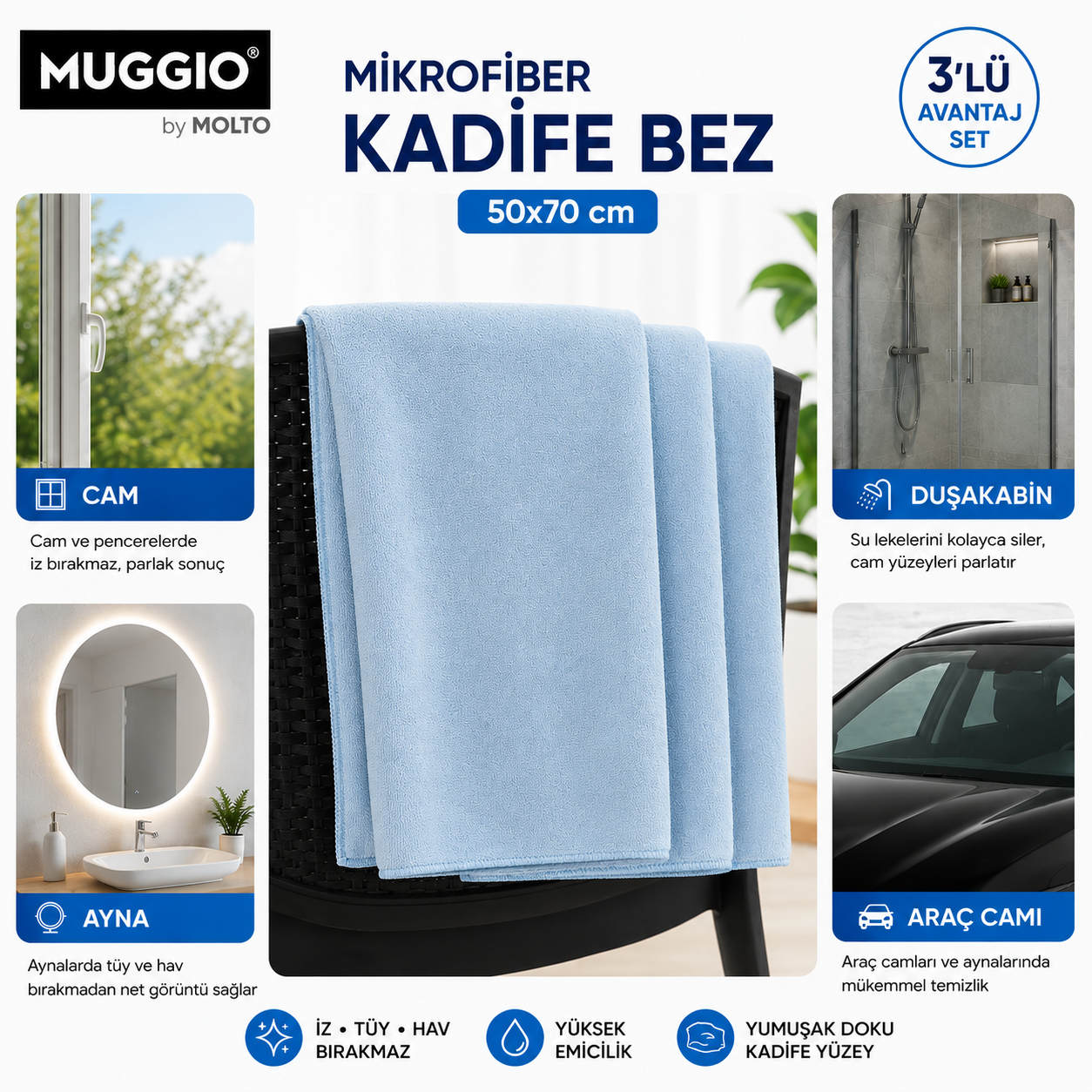 Muggio  50x70 Mikrofiber Kadife Bez 3'lü Set | Oto Kurulama Bezi, Oto Yıkama Bezi, Yüksek Emicilik,