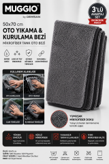 Muggio 50x70 Mikrofiber Tank Oto Kurulama Bezi 3'lü Avantaj Seti | Süper Emici, Tüy Hav Bırakmaz