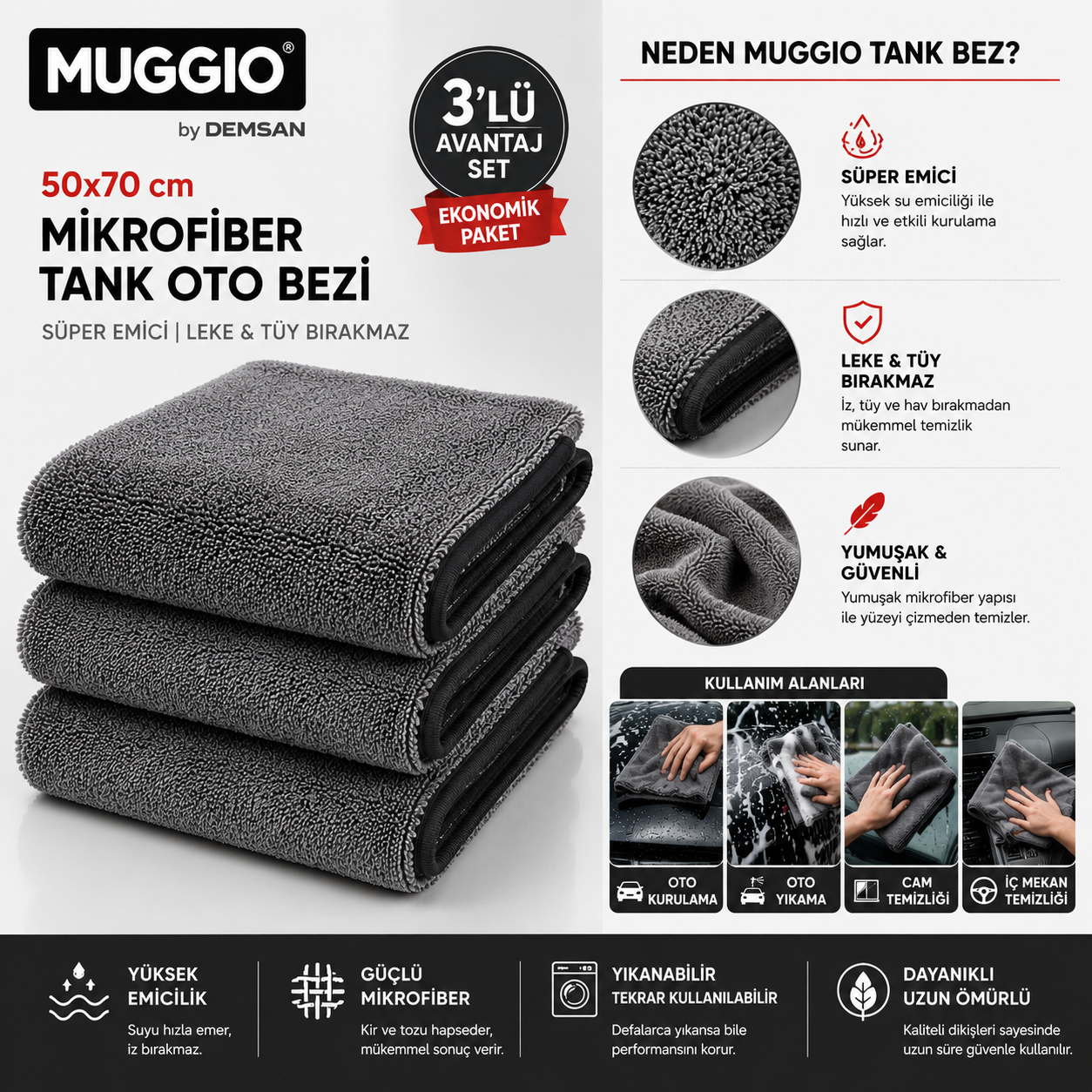 Muggio 50x70 Mikrofiber Tank Oto Kurulama Bezi 3'lü Avantaj Seti | Süper Emici, Tüy Hav Bırakmaz