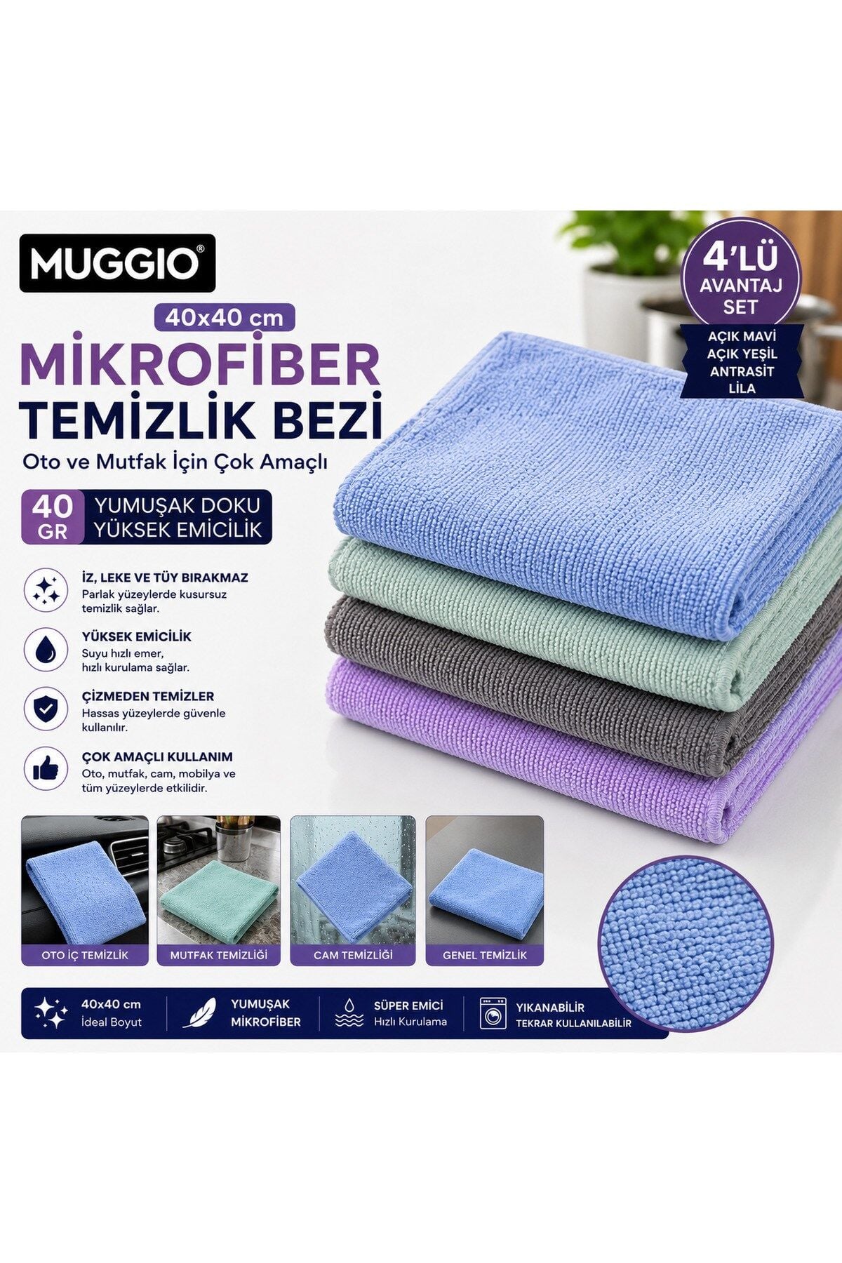 Muggio 40x40 Mikrofiber Temizlik Bezi 40 gr 4'lü Set | Oto Mutfak Cam Bezi İz Tüy Hav Bırakmaz