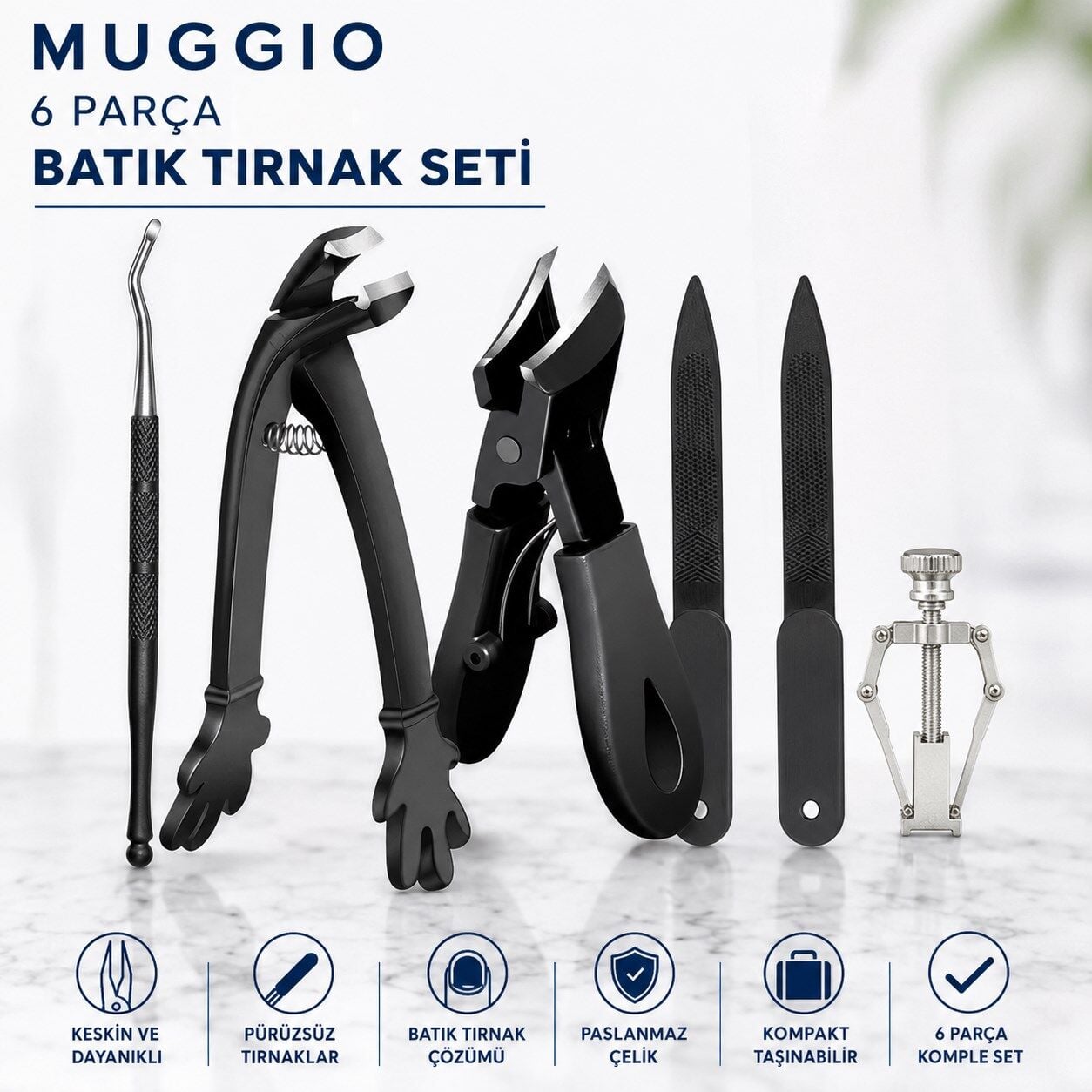 Muggio 6 Parça Batık Tırnak Seti - Batık Tırnak Makası, Pensi, Düzeltici ve Törpü