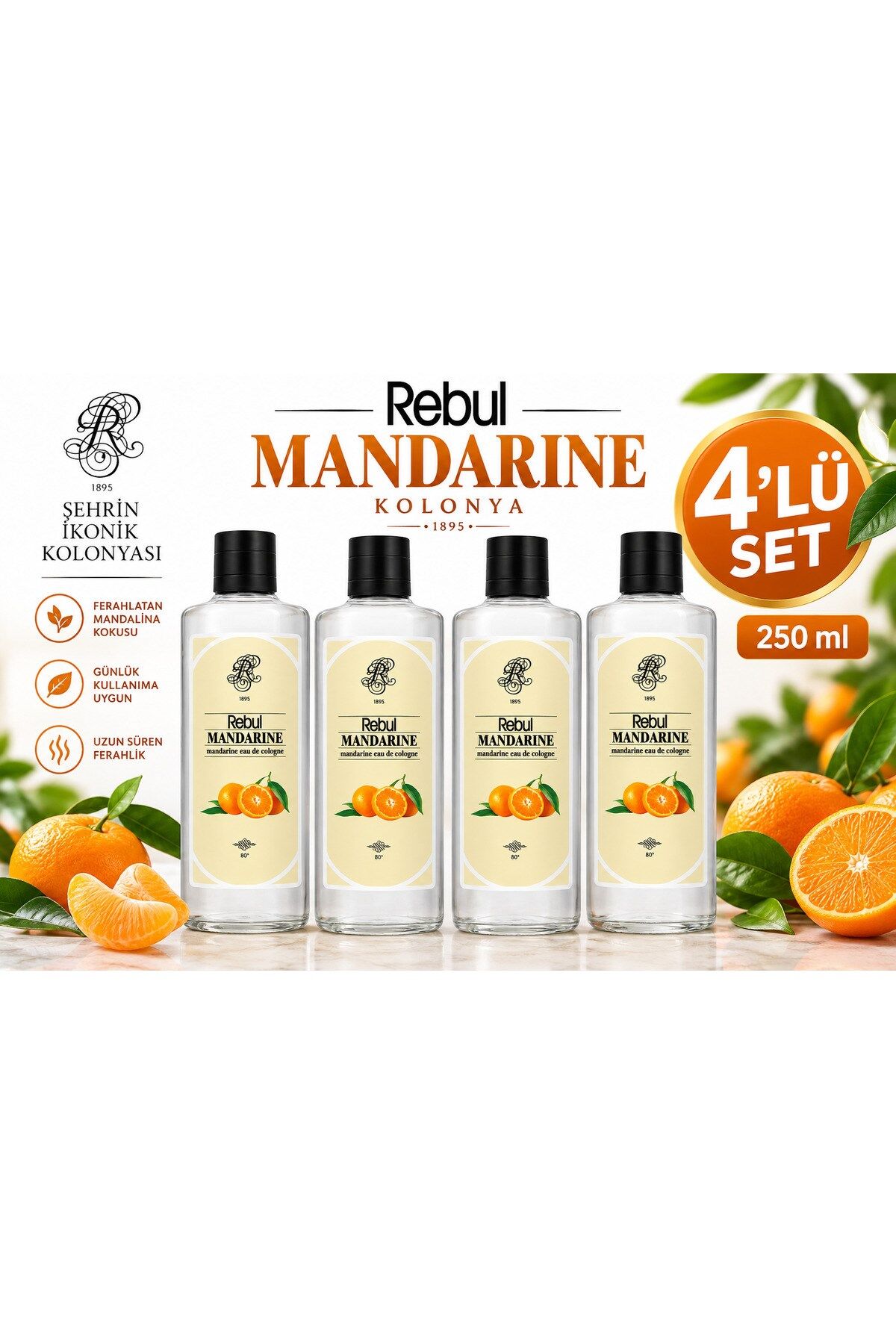Rebul Mandarine 250 ml Cam Şişe Kolonya 4'lü Avantaj Seti
