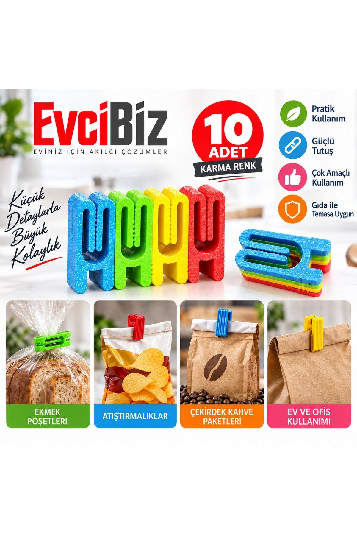 Evcibiz Poşet Paket Mandalı Klipsi 10'lu Karma Renk PLA Çevre Dostu Kese ve Ambalaj Mandalı